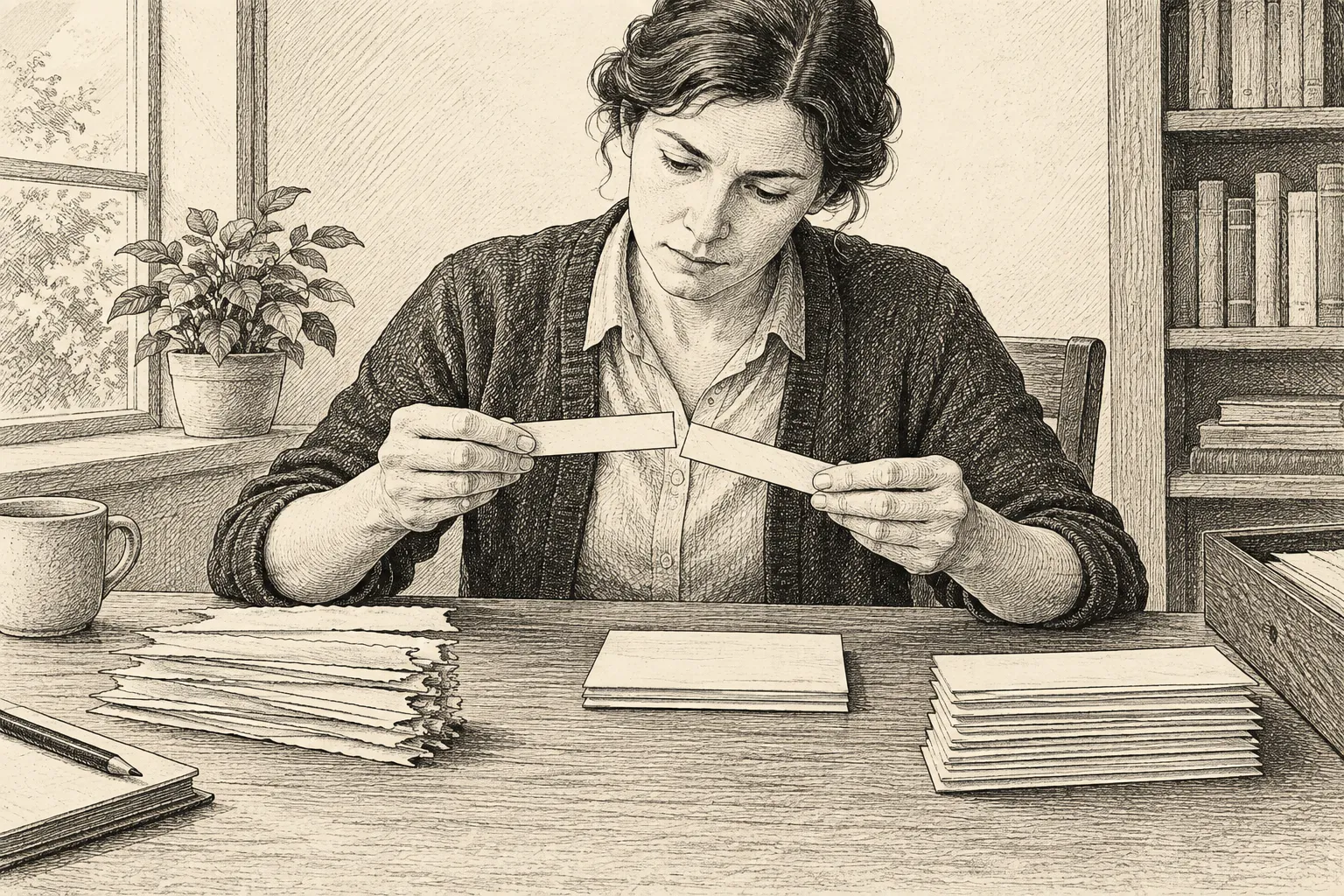 Editorial illustration: An ink drawing shows two people assembling the same sentence from differently sized blank wooden pieces, setting aside pieces that fit together exactly while a pile of awkward pieces remains nearby.
