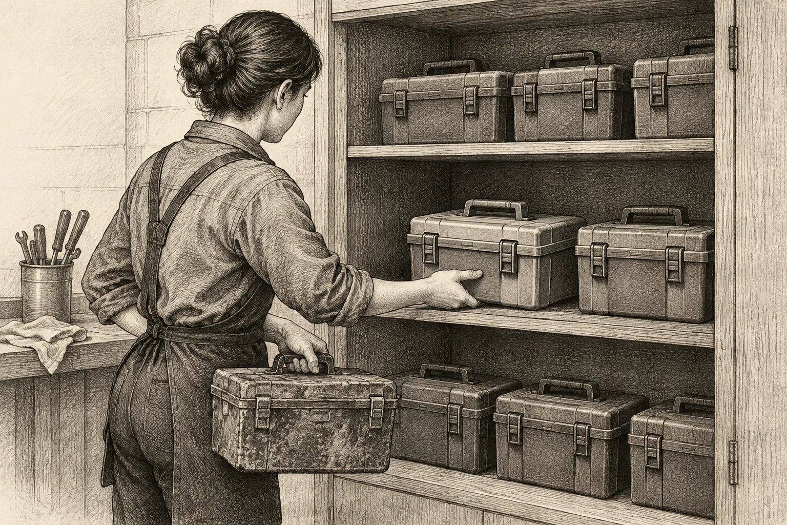 Editorial illustration: An anonymous worker tends a cabinet of reusable toolkits, setting aside a worn kit while placing a revised one beside the kits still in use.