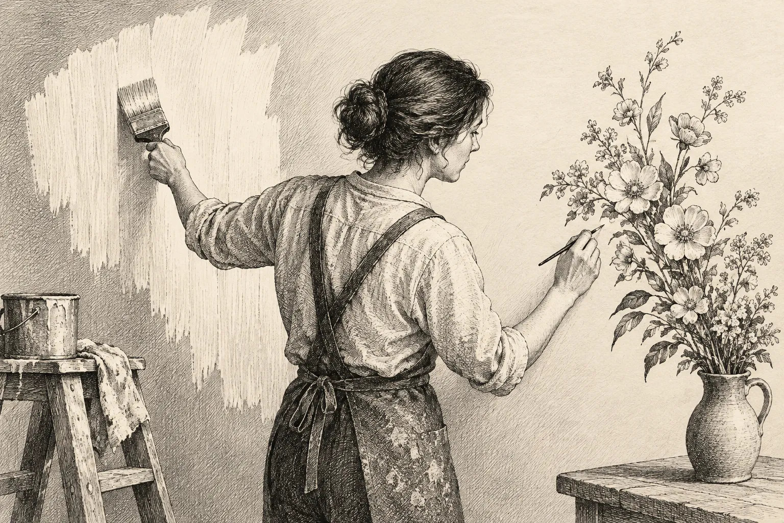 Editorial illustration: An ink drawing shows an artist covering a plain wall with broad brushstrokes while painting a nearby cluster of flowers with fine strokes.