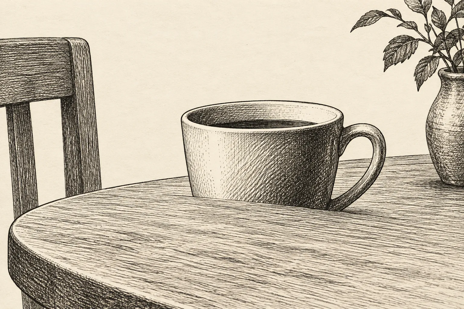 Editorial illustration: An ink drawing shows a partly hidden cup resting on a table, with its unseen base suggested by the shape of the tabletop beneath it.