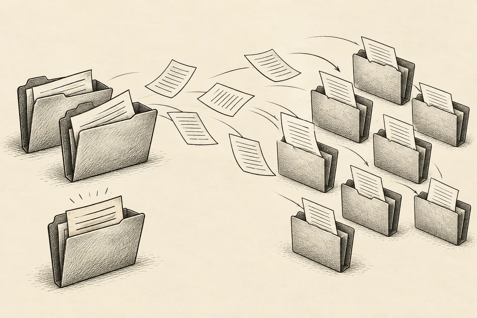 Editorial illustration: An ink drawing shows a few open folders passing loose sheets to many other folders, while a revised sheet remains in the folder where it began.