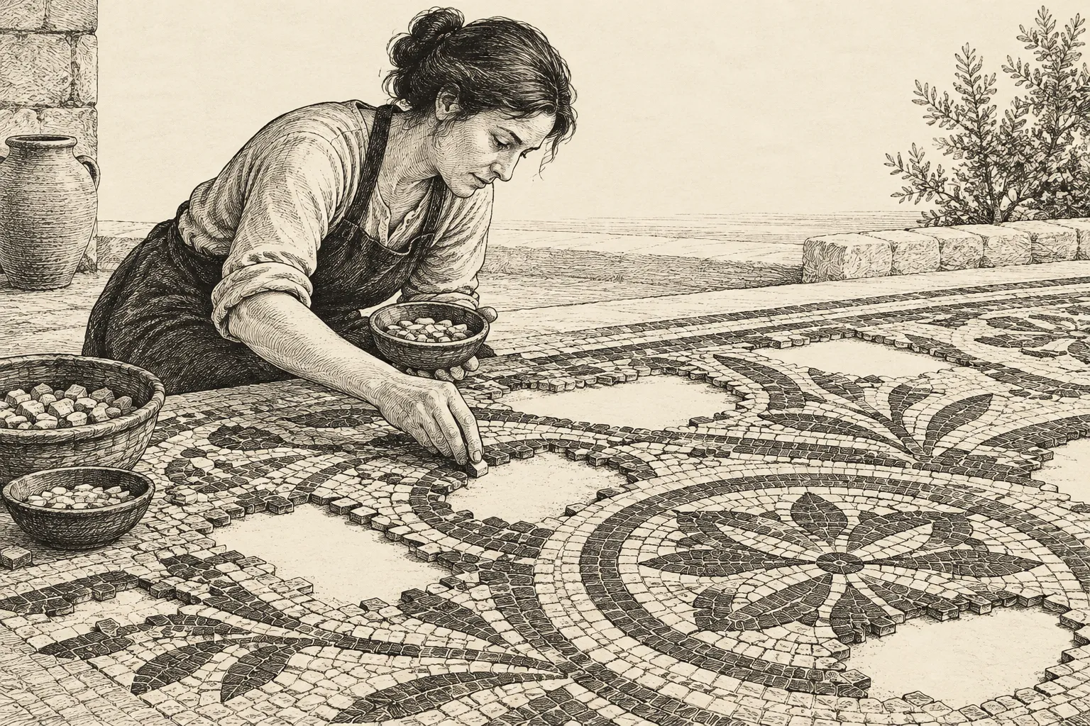 Editorial illustration: An ink drawing shows a craftsperson filling widely separated gaps in a mosaic while leaving adjacent gaps for later.