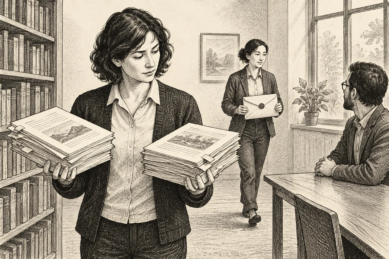 Editorial illustration: An anonymous researcher holds two conflicting-looking stacks of source papers while an assistant carries a sealed envelope toward a waiting colleague.