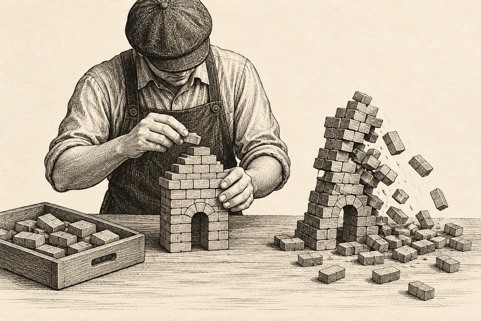 Editorial illustration: An anonymous builder holds a small brick sculpture beside a second sculpture whose loose pieces are tumbling away, while a tray of spare bricks sits nearby.