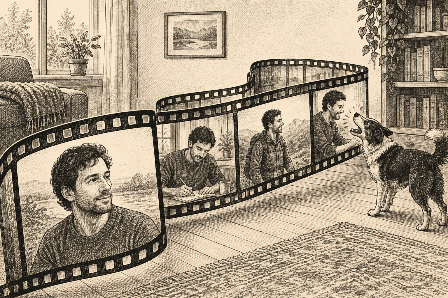 Editorial illustration: An ink drawing shows a film reel unwinding beside separate trays holding a familiar coat, a small bell and successive camera frames, with threads connecting each object to its moments.
