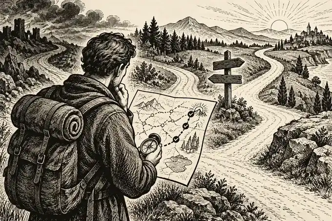A traveller chooses between two paths, illustrating an agent's decision fork.