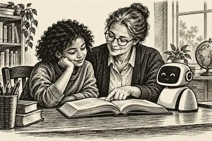A teacher and learner work through a problem with an AI assistant nearby.