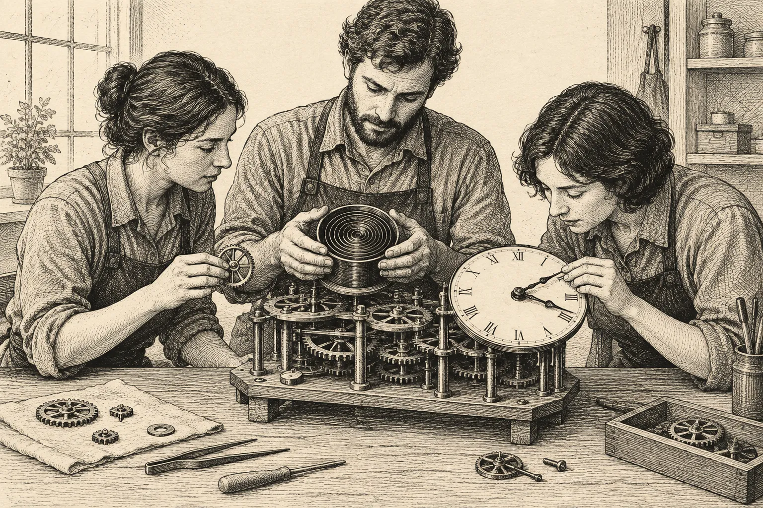 Editorial illustration: An anonymous workshop team rearranges the connected parts of a hand-built clock while one person holds its central spring and another checks the moving hands.