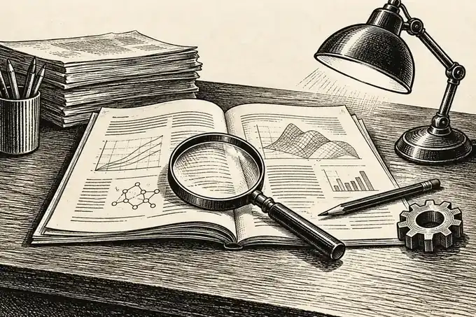 Editorial illustration of research being examined at a desk.